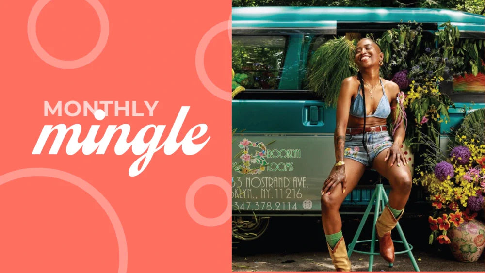 Brooklyn Blooms owner & creative director sitting in front of a vibrant floral-decorated van, next to a "Monthly Mingle" graphic on a coral background