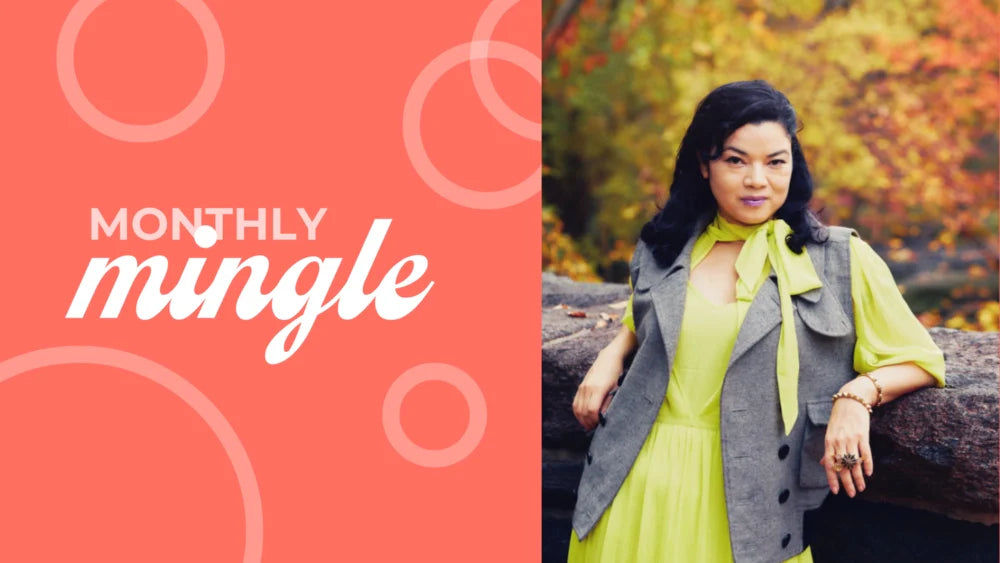 Journalist Elva Ramirez standing outdoors in a vibrant yellow dress and gray vest, next to a "Monthly Mingle" graphic on a coral background