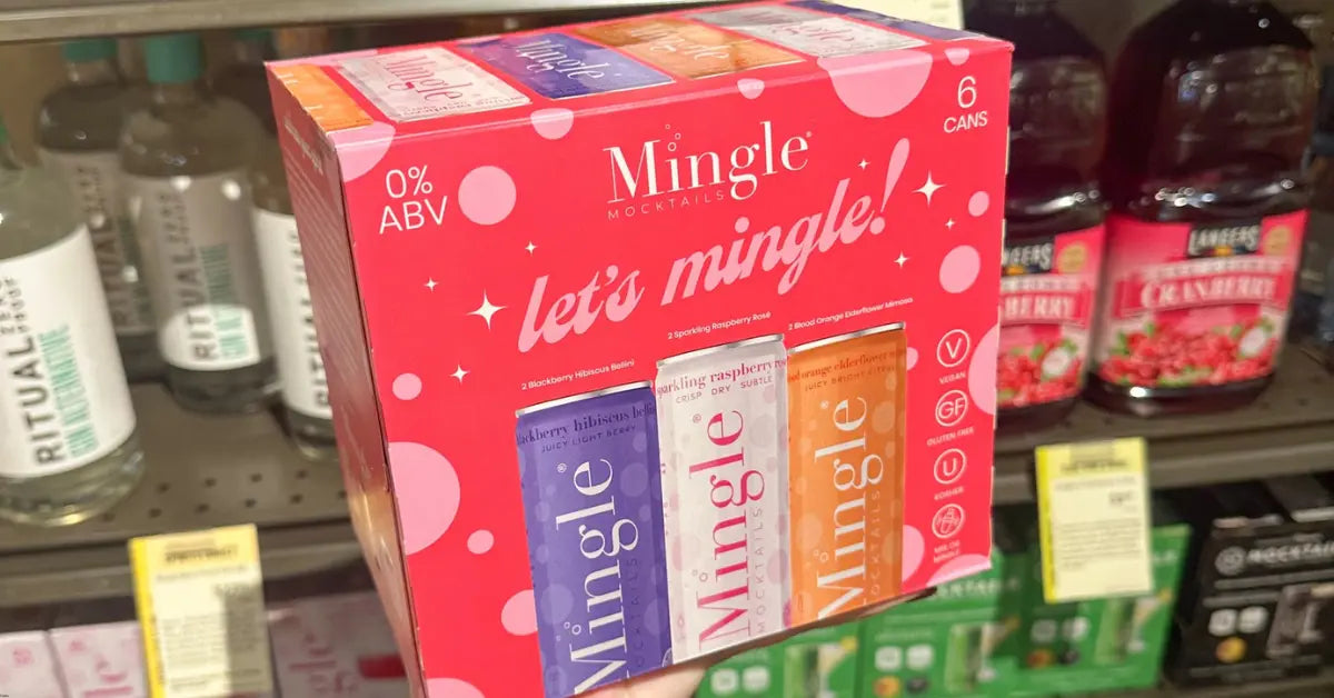 Pre-made mocktails displayed in a bright red Mingle box on a store shelf alongside other beverages