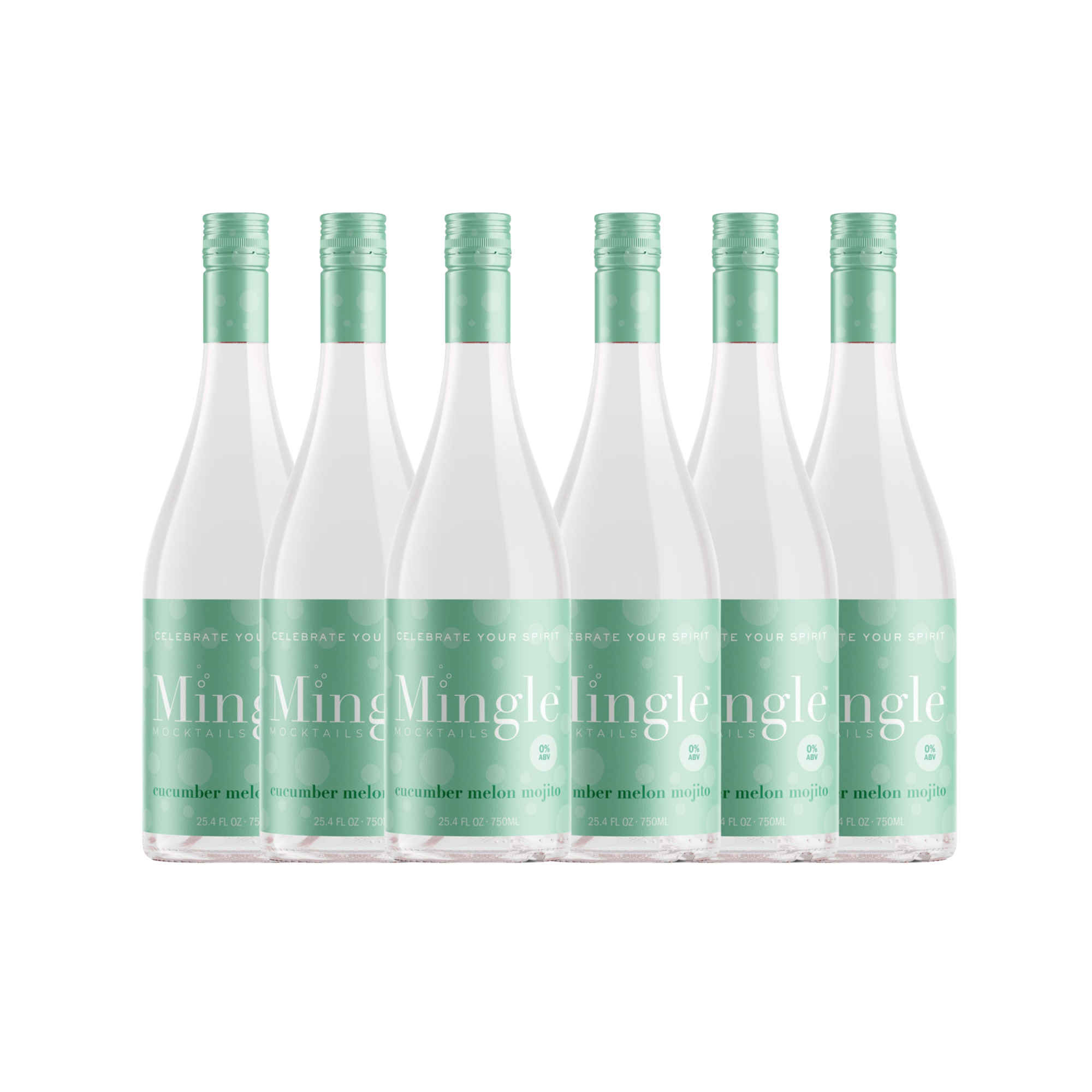 Non-alcoholic cucumber melon mojito bottles from Mingle Mocktails arranged in a row with green and white labels.