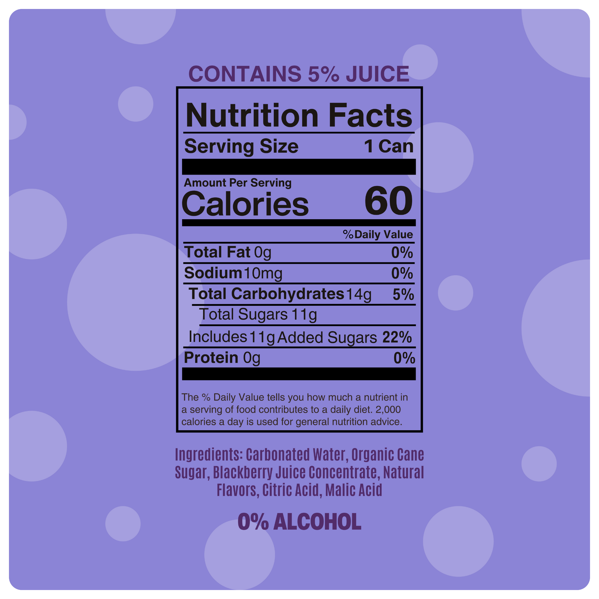 Nutrition facts label for a Mingle non-alcoholic blackberry bellini mocktail, showing 60 calories per can and 0% alcohol.