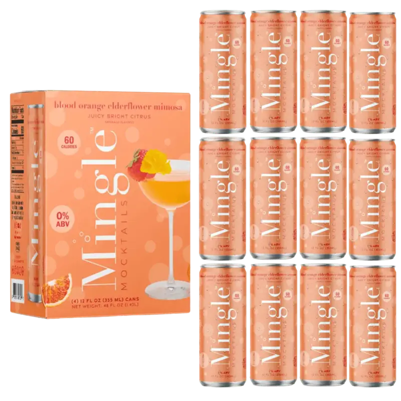Mingle Mocktails blood orange elderflower mimosa cans arranged next to their packaging, showcasing the 0% ABV & 60-calorie label