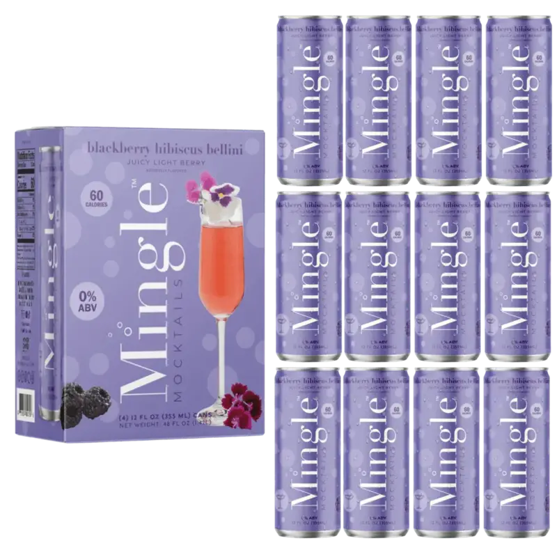 Pack of blackberry hibiscus bellini mocktails with twelve cans arranged beside a decorative box