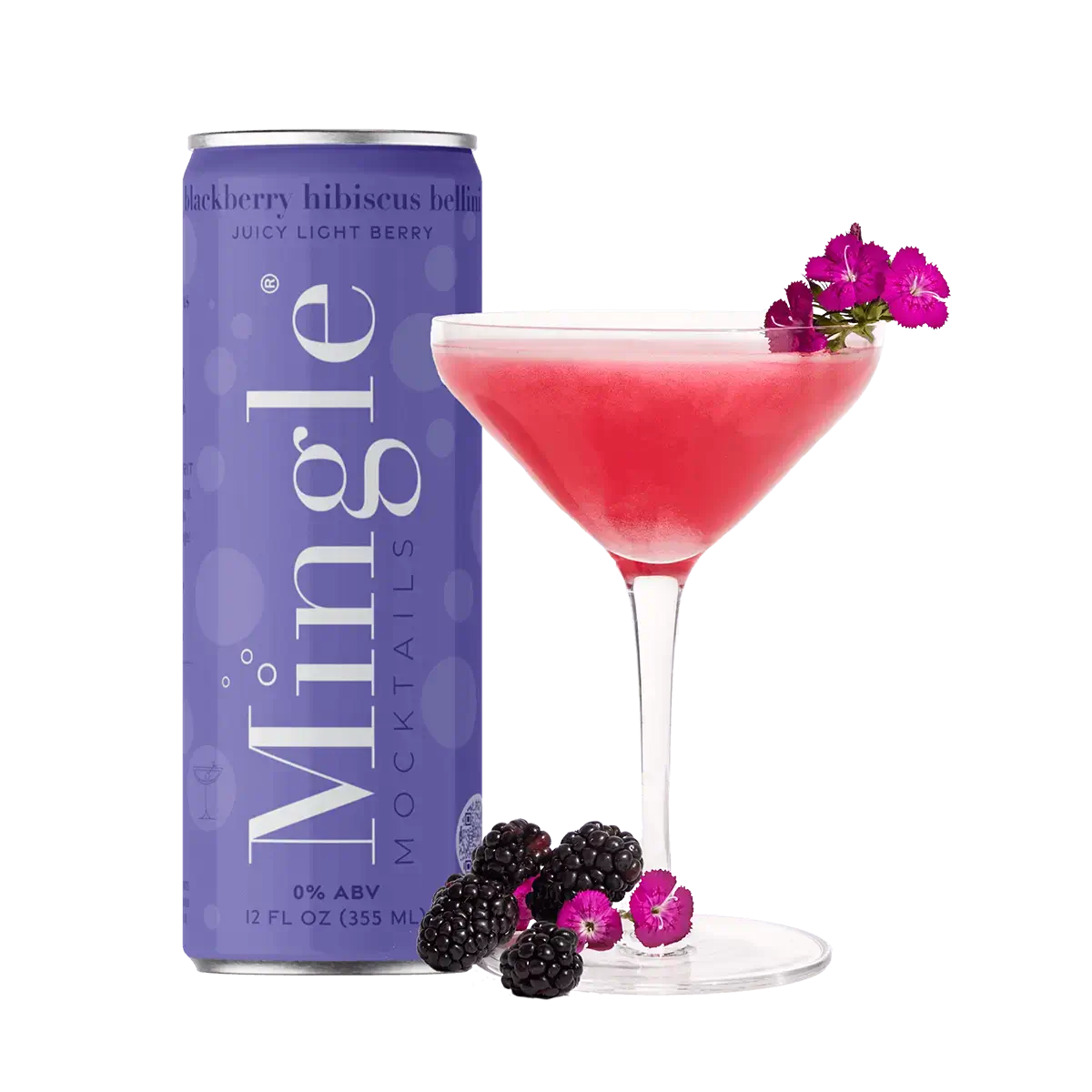 Mingle Mocktails Blackberry Hibiscus Bellini can next to a vibrant pink cocktail in a martini glass, garnished with fresh purple flowers. Blackberries and small pink flowers are arranged at the base. The can is a deep purple with white text highlighting "juicy light berry" and "0% ABV" on the label. The scene is elegant, fresh, and visually appealing.