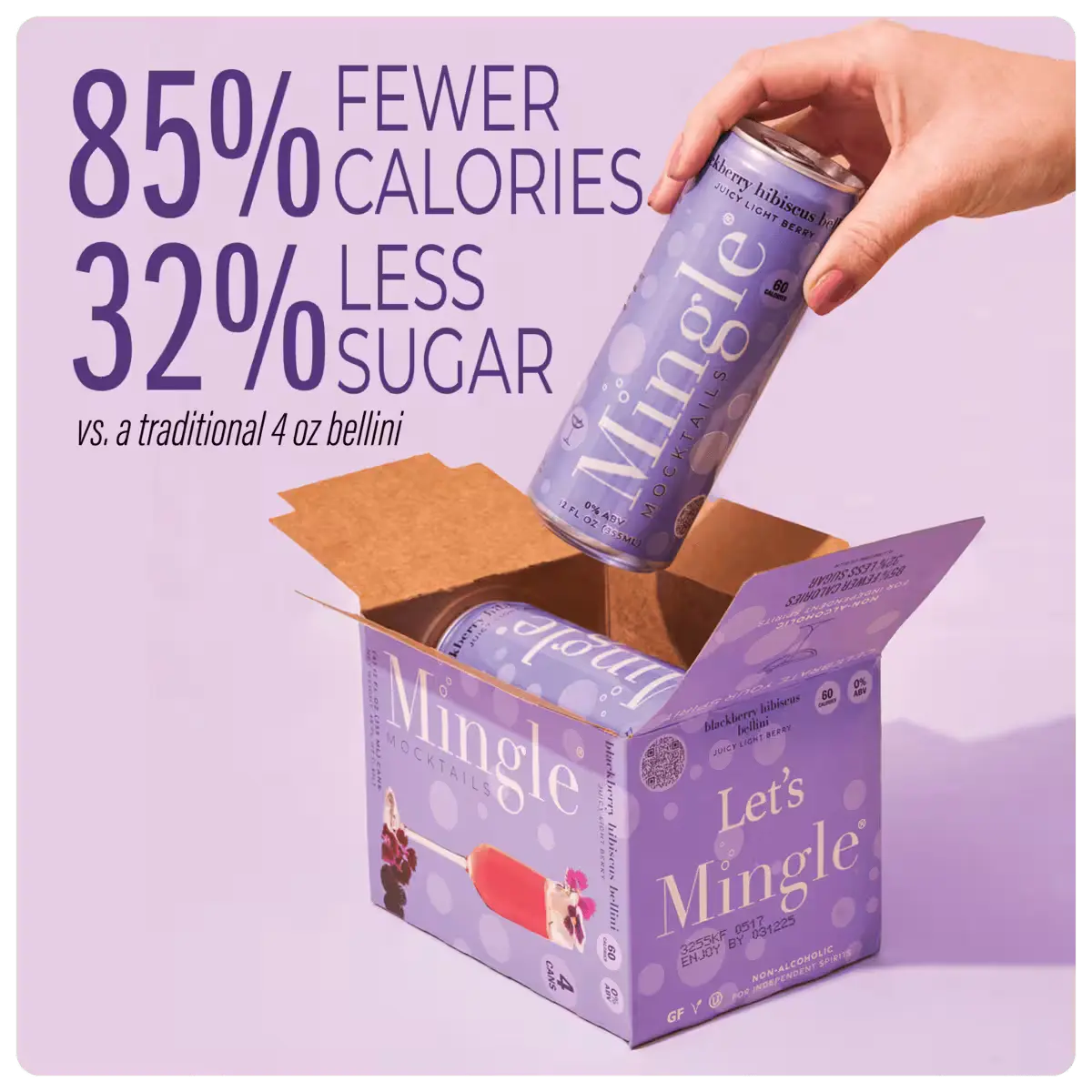 Hand placing a can of Mingle bellini mocktail into a box, highlighting reduced calories & sugar content