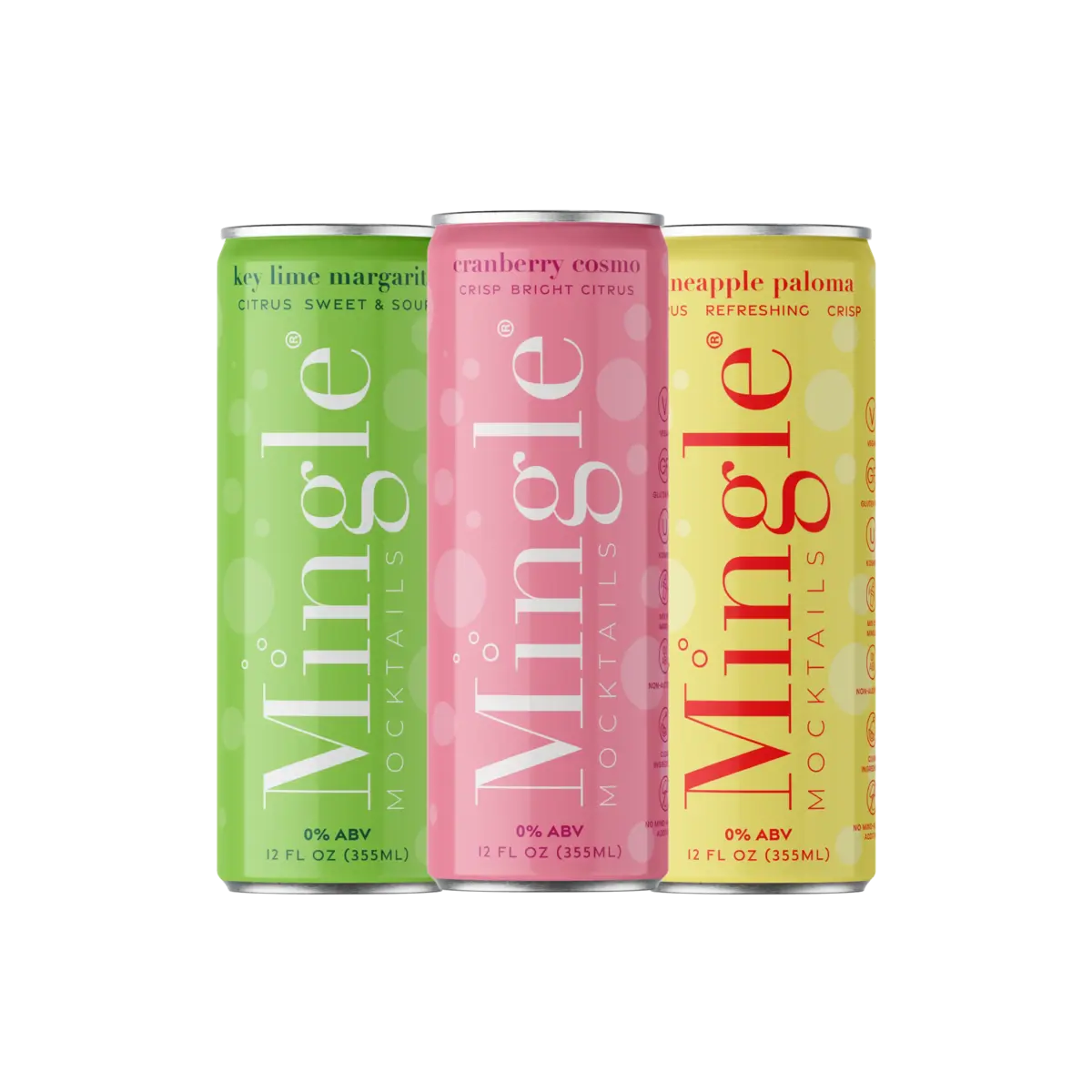 Mocktail variety pack featuring three 12 oz cans of Mingle Mocktails in key lime margarita, cranberry cosmo, and pineapple paloma flavors, each with 0% ABV and bold, fruity refreshment.