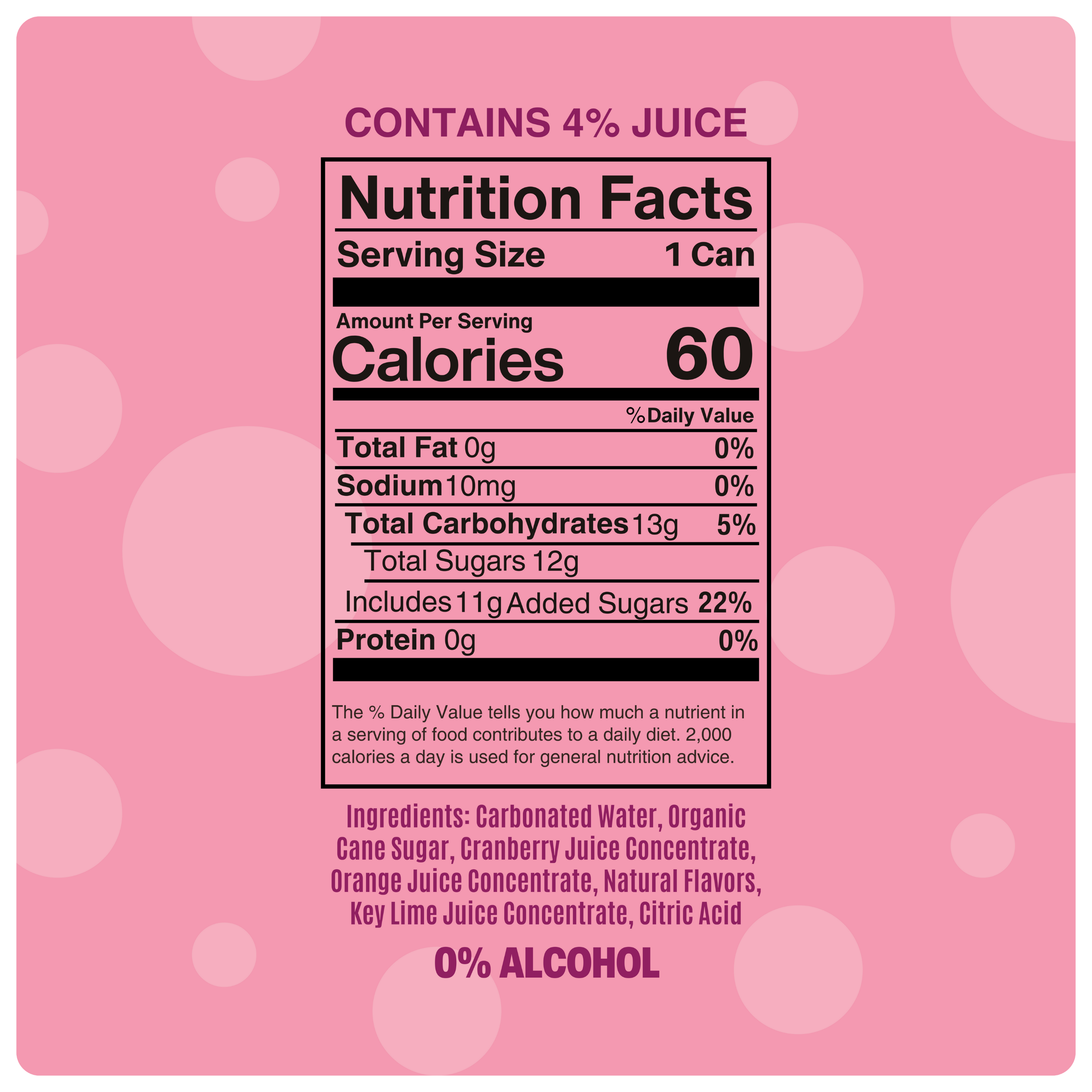 nutrition facts for alcohol free cranberry cosmo mocktail, showing 60 calories and 0% alcohol content on a pink background