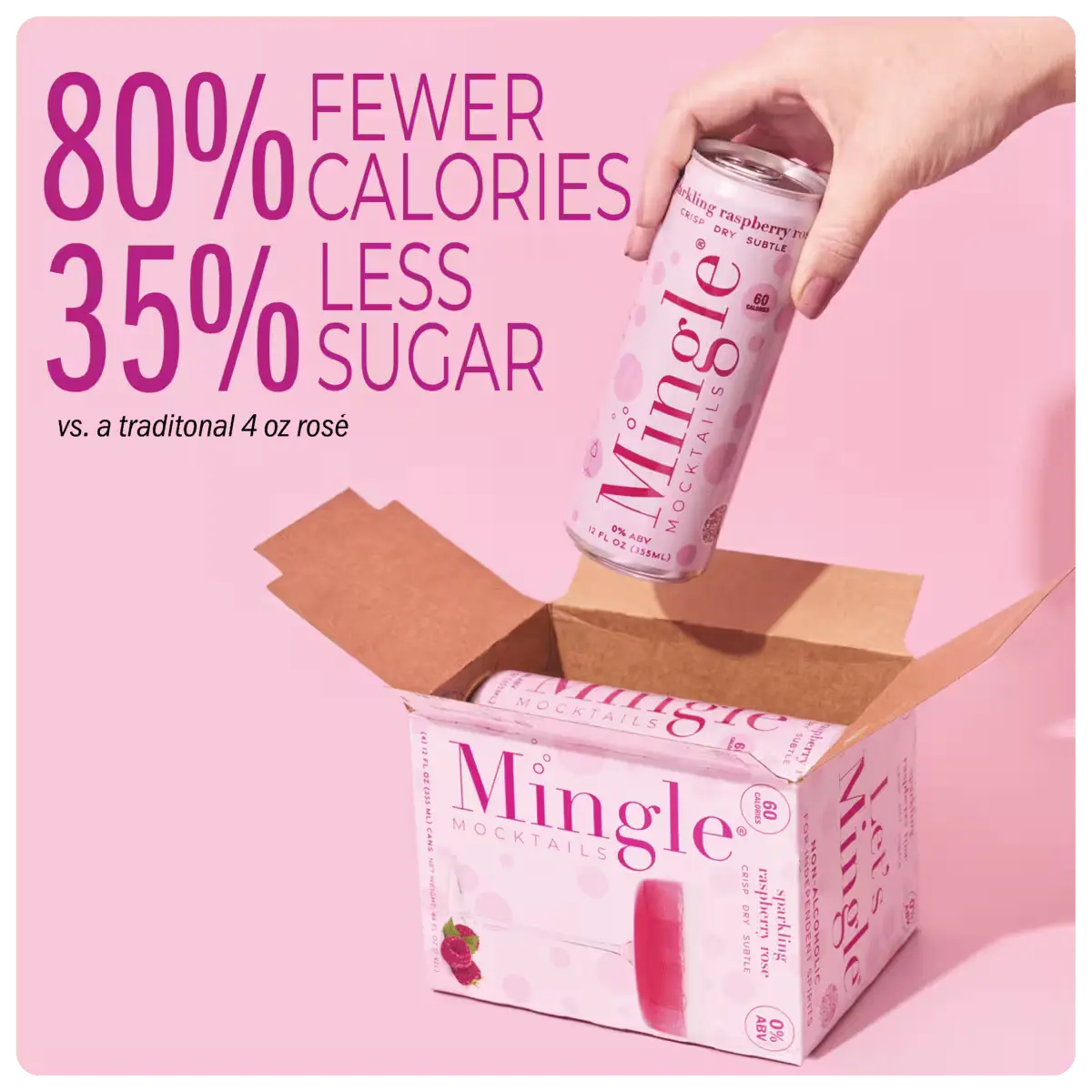 rosé mocktails with raspberry being placed into a box, highlighting 80% fewer calories and 35% less sugar compared to traditional rosé