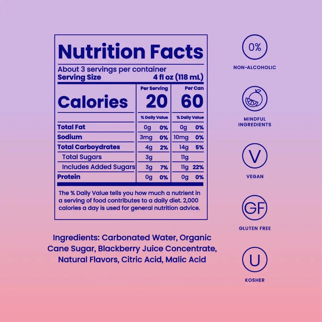 Blackberry Hibiscus Bellini mocktail nutrition facts showing 60 calories per can with ingredients and dietary badges.