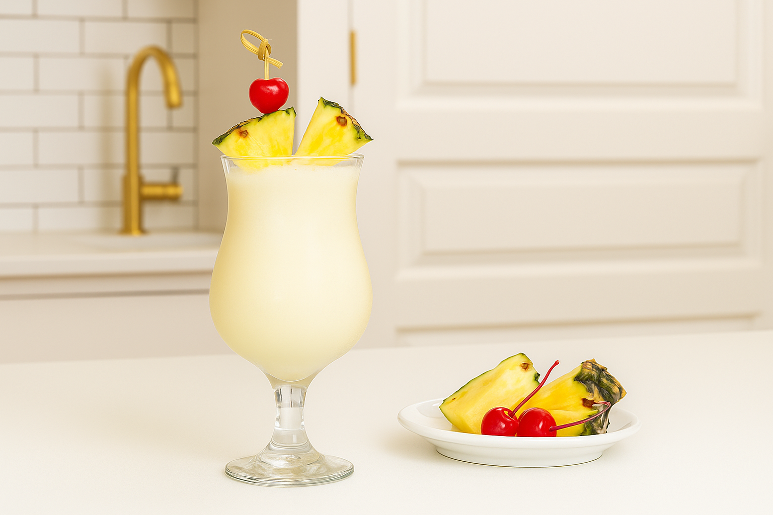 Virgin Piña Colada mocktail in a tall glass, garnished with a pineapple wedge and cherry, made with Mingle Mocktails Pineapple Paloma, served on a kitchen counter with condensation on the glass.