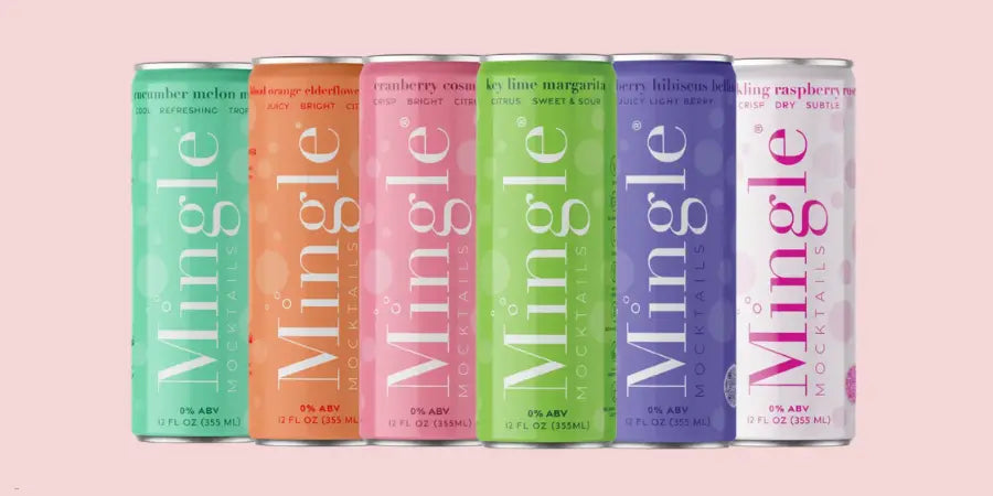 Virgin mocktails lineup with colorful Mingle cans including cucumber melon, raspberry rose, and more.