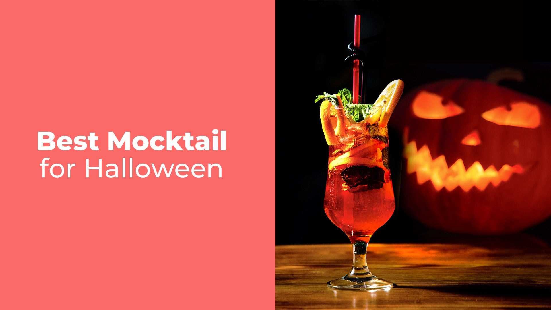 Halloween mocktail in a spooky glass garnished with citrus & herbs, glowing beside a carved jack-o'-lantern