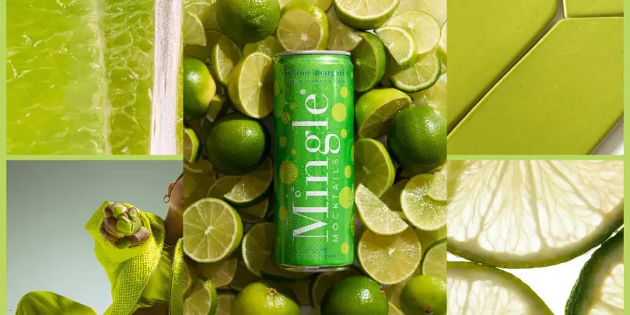 Key lime margarita mocktail Mingle Mocktails can centered on a vibrant collage of fresh-cut limes and green citrus textures.