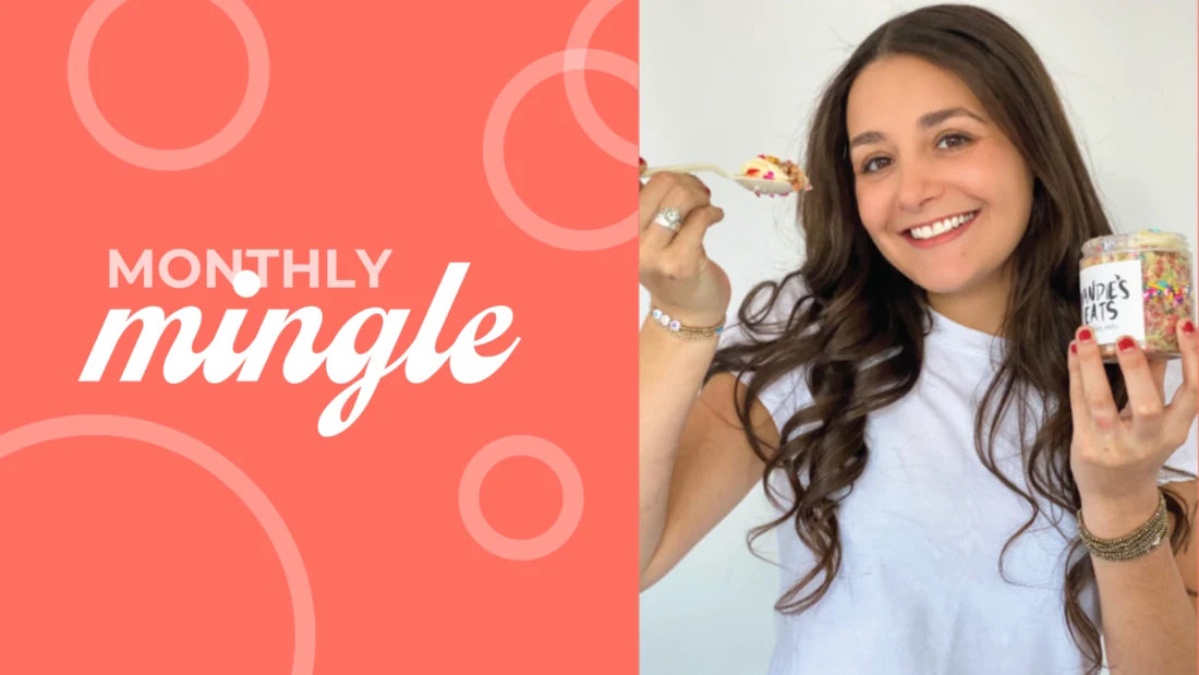 Andie's Eats founder smiling while holding a jar of sprinkles and a spoon, next to a "Monthly Mingle" graphic on a coral background