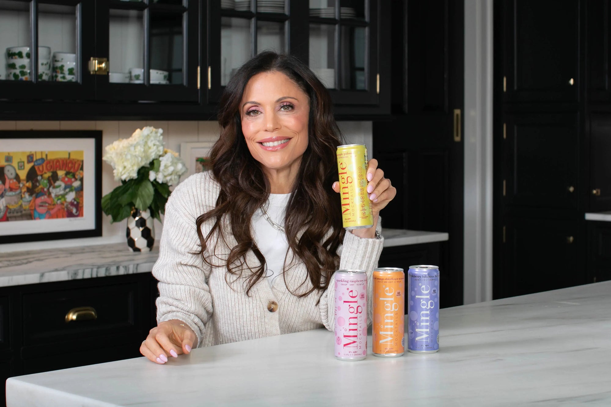 Bethenny Frankel enjoying Mingle Mocktails in her kitchen.