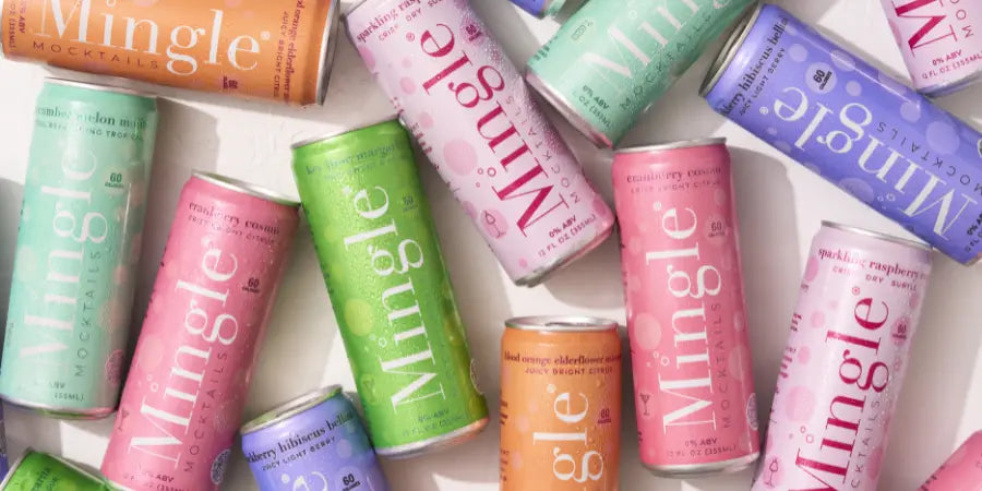 Healthy mocktails by Mingle arranged in a colorful flat lay showcasing a variety of refreshing fruity flavors