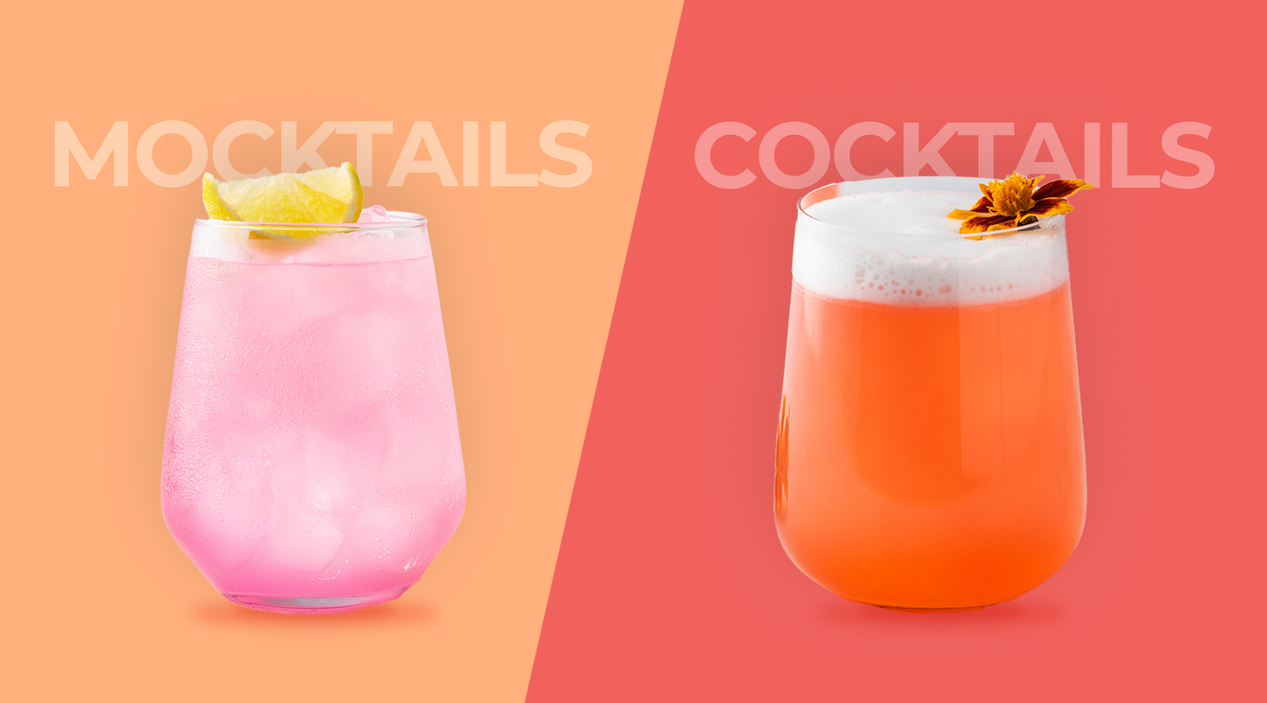 Side-by-side display of a pink mocktail with lemon garnish & an orange cocktail with foam and floral garnish on colorful backgrounds labeled "Mocktails" and "Cocktails"