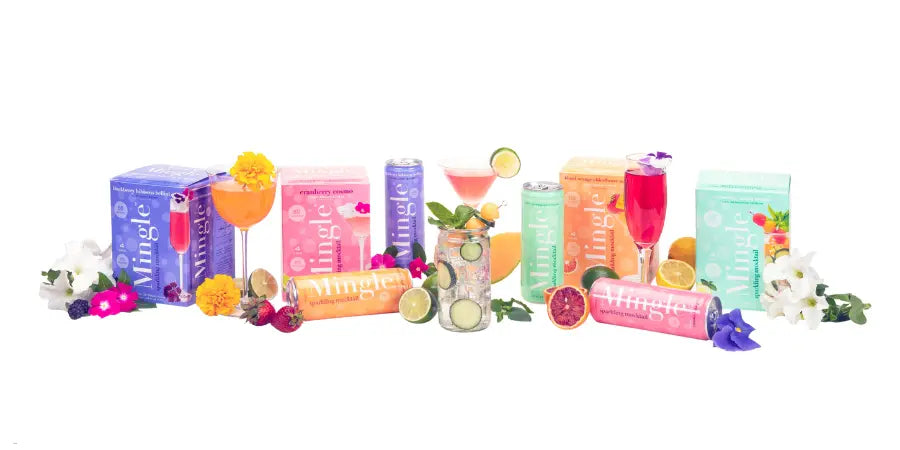Mocktail bar essentials with a colorful array of Mingle bottles, cans, and garnished drinks for any occasion.
