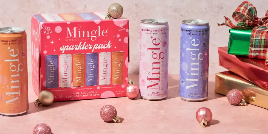 Mocktail flavors featured in a festive Mingle sparkler pack with colorful cans and holiday décor.