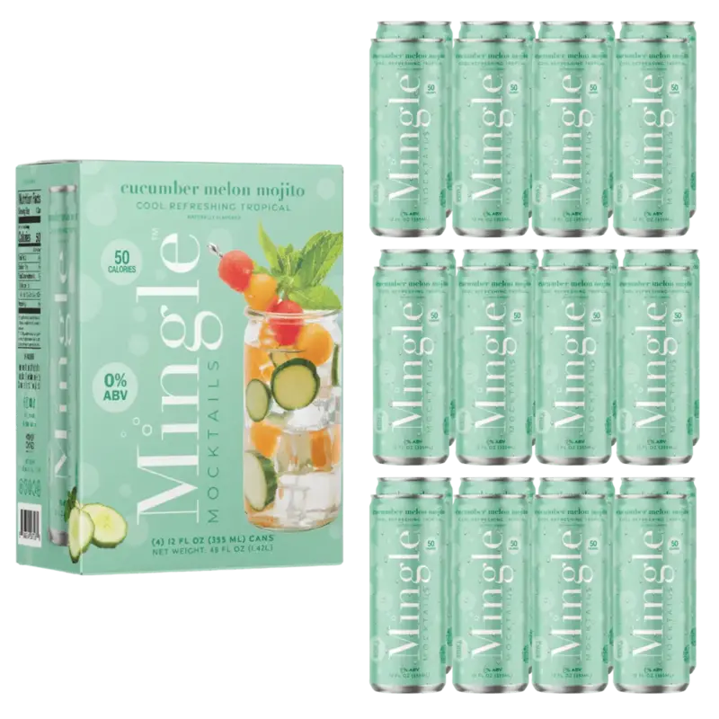 non alcoholic mojito cocktail pack with cucumber melon flavor, featuring a box and twelve cans labeled 0% ABV and 50 calories