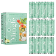 non alcoholic mojito cocktail pack with cucumber melon flavor, featuring a box and twelve cans labeled 0% ABV and 50 calories