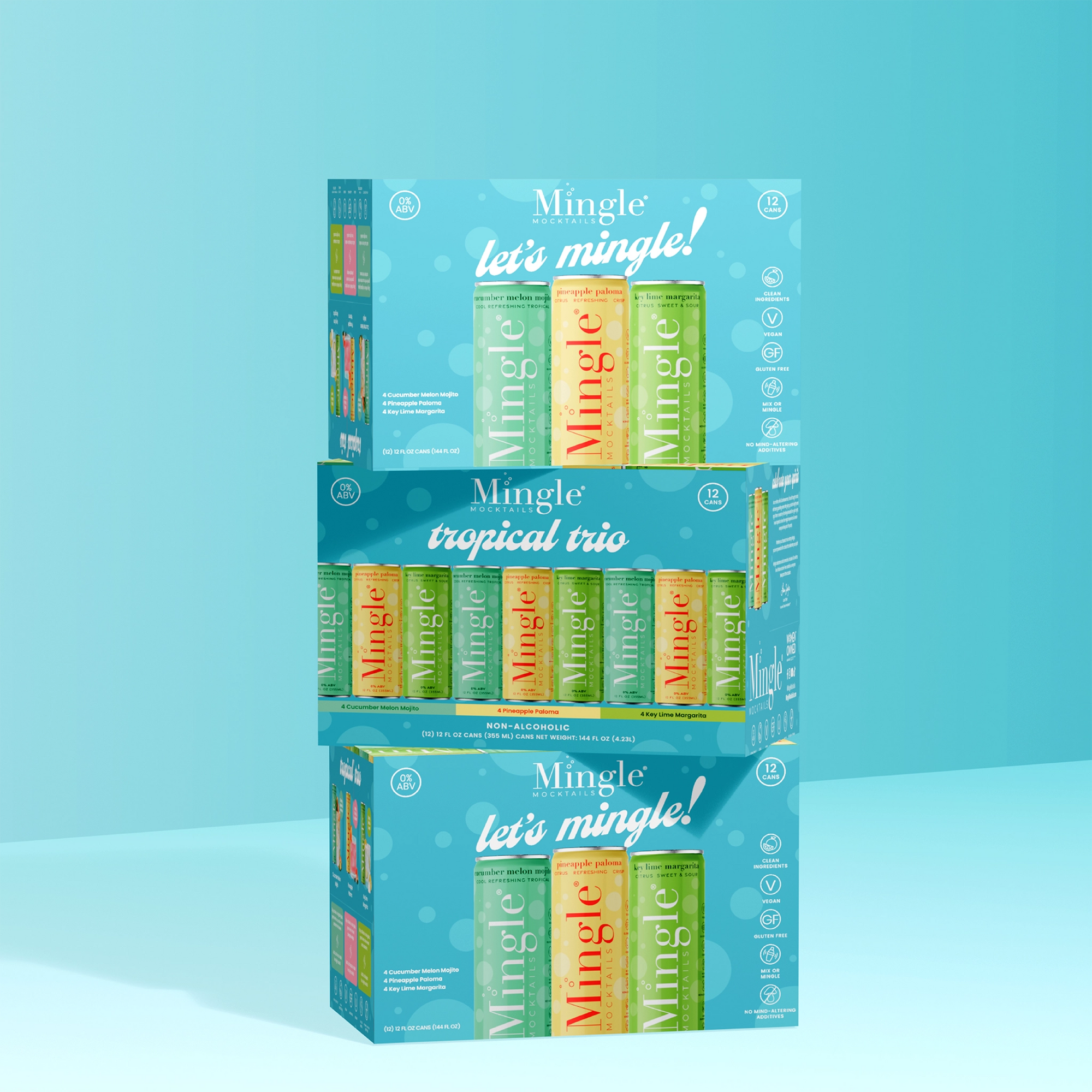 Three stacked Mingle Mocktails Tropical Trio 12-pack boxes on a teal background showing mojito and paloma and margarita cans.