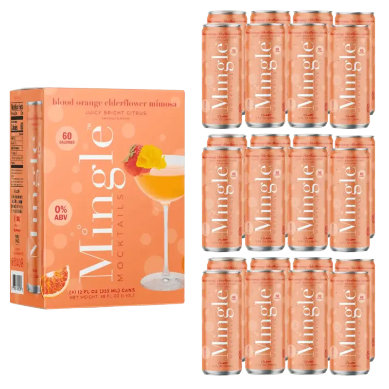 Mingle Mocktails blood orange elderflower mimosa cans arranged next to their packaging, showcasing the 0% ABV & 60-calorie label