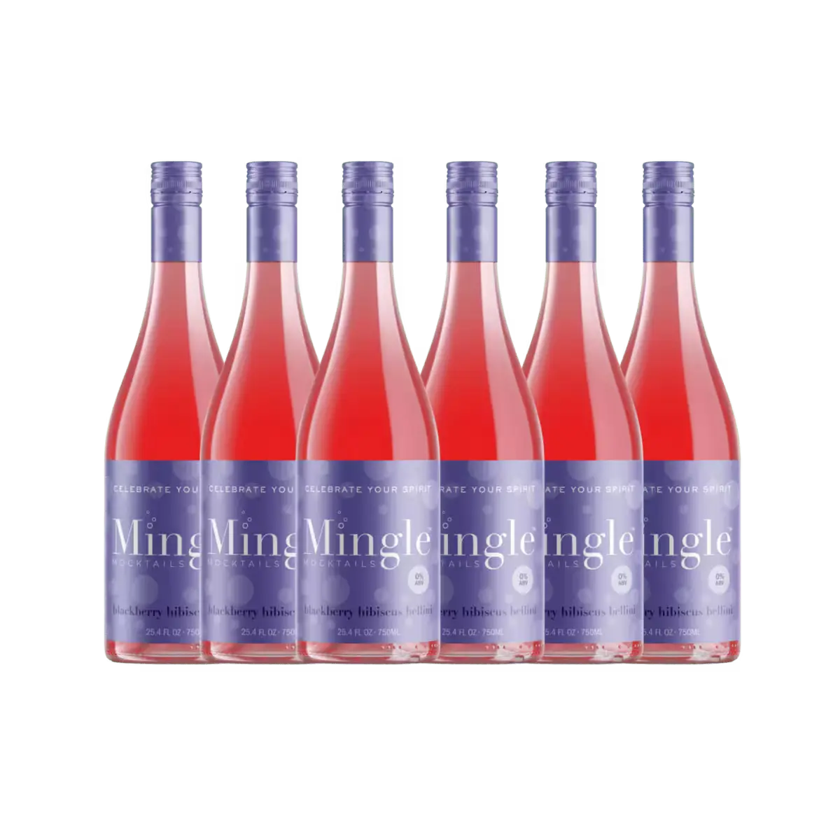 Six bottles of blackberry hibiscus bellini mocktails with purple caps & labels, displayed in a row