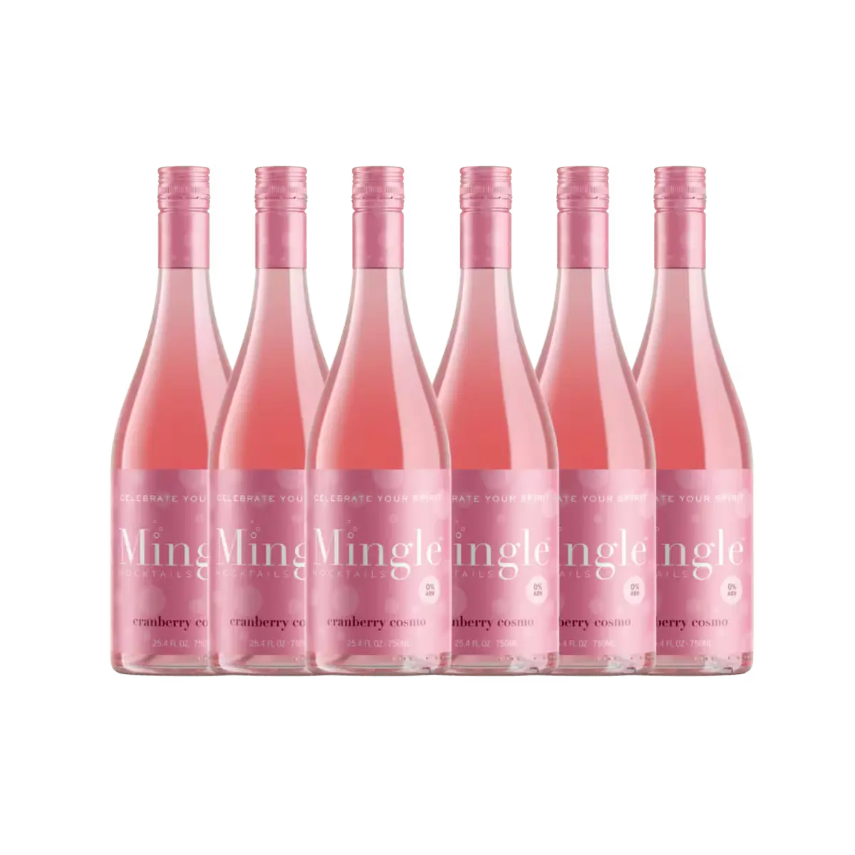 cranberry cosmo mocktail bottles arranged in a row, featuring pink labels & 0% alcohol content