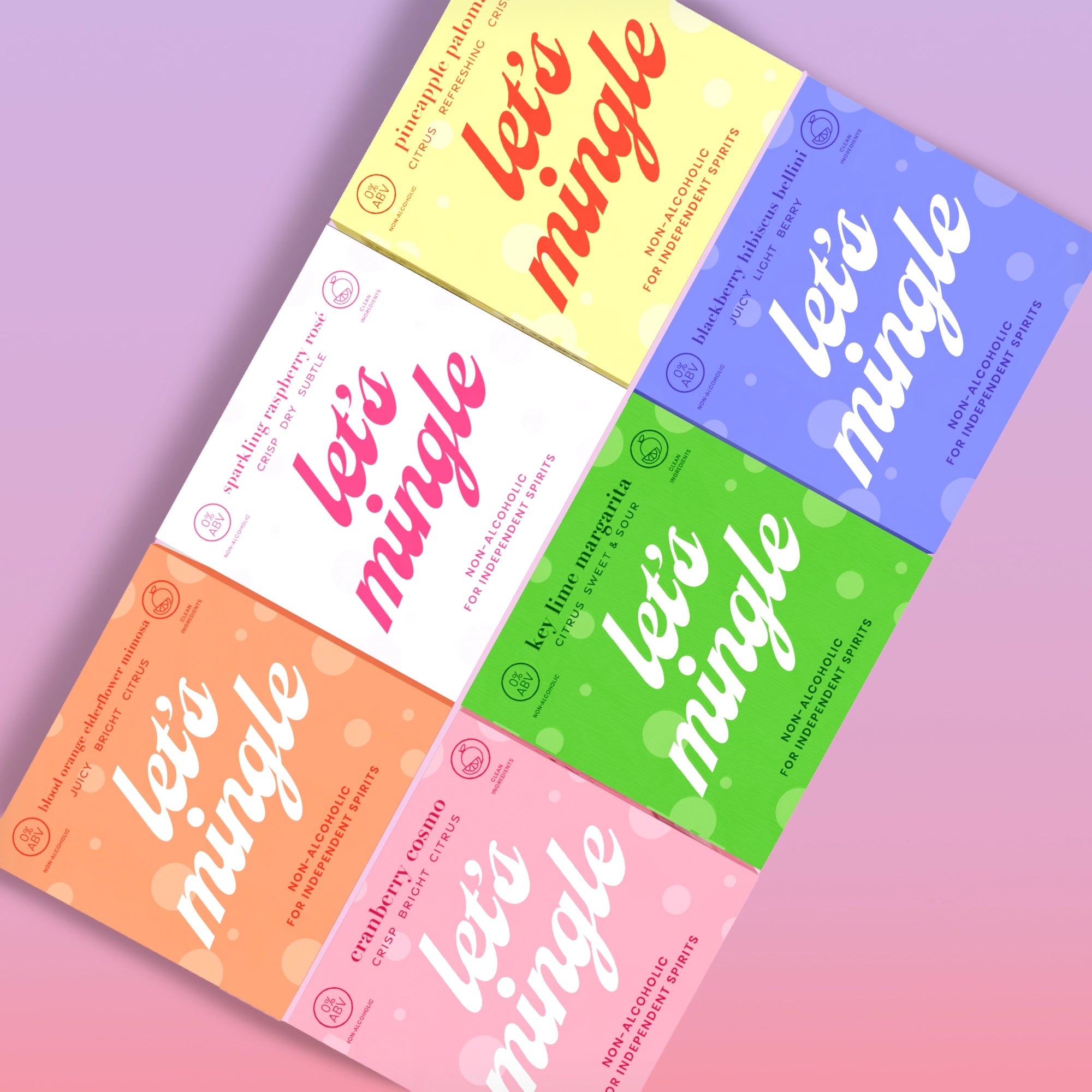 Top-down view of six colorful Mingle Mocktails six-pack boxes arranged in a grid showing all flavors on a pink background.