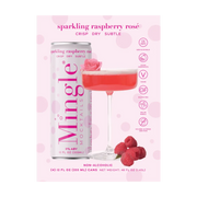 Back of Mingle Mocktails Sparkling Raspberry Rosé 4-pack carton, featuring a founder’s note and product highlights in elegant pink packaging.