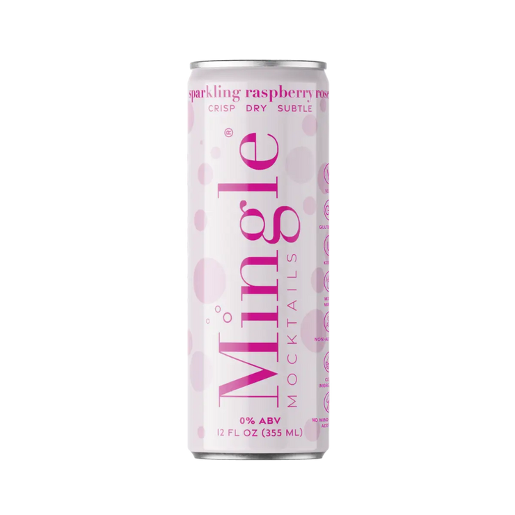 Mingle Mocktails Sparkling Raspberry Rosé can front design with vibrant pink accents and subtle bubbles.