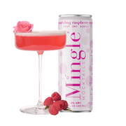 A sparkling Raspberry Rosé mocktail served in a coupe glass with a rose garnish, paired with a can of Mingle Mocktails for an elegant and refreshing drink.