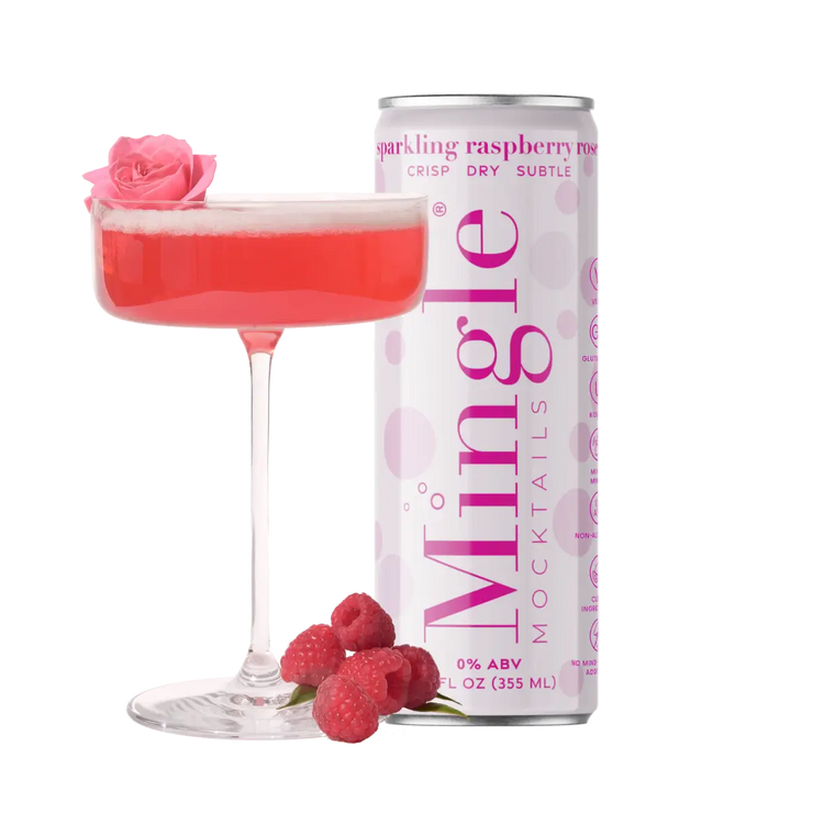 A sparkling Raspberry Rosé mocktail served in a coupe glass with a rose garnish, paired with a can of Mingle Mocktails for an elegant and refreshing drink.
