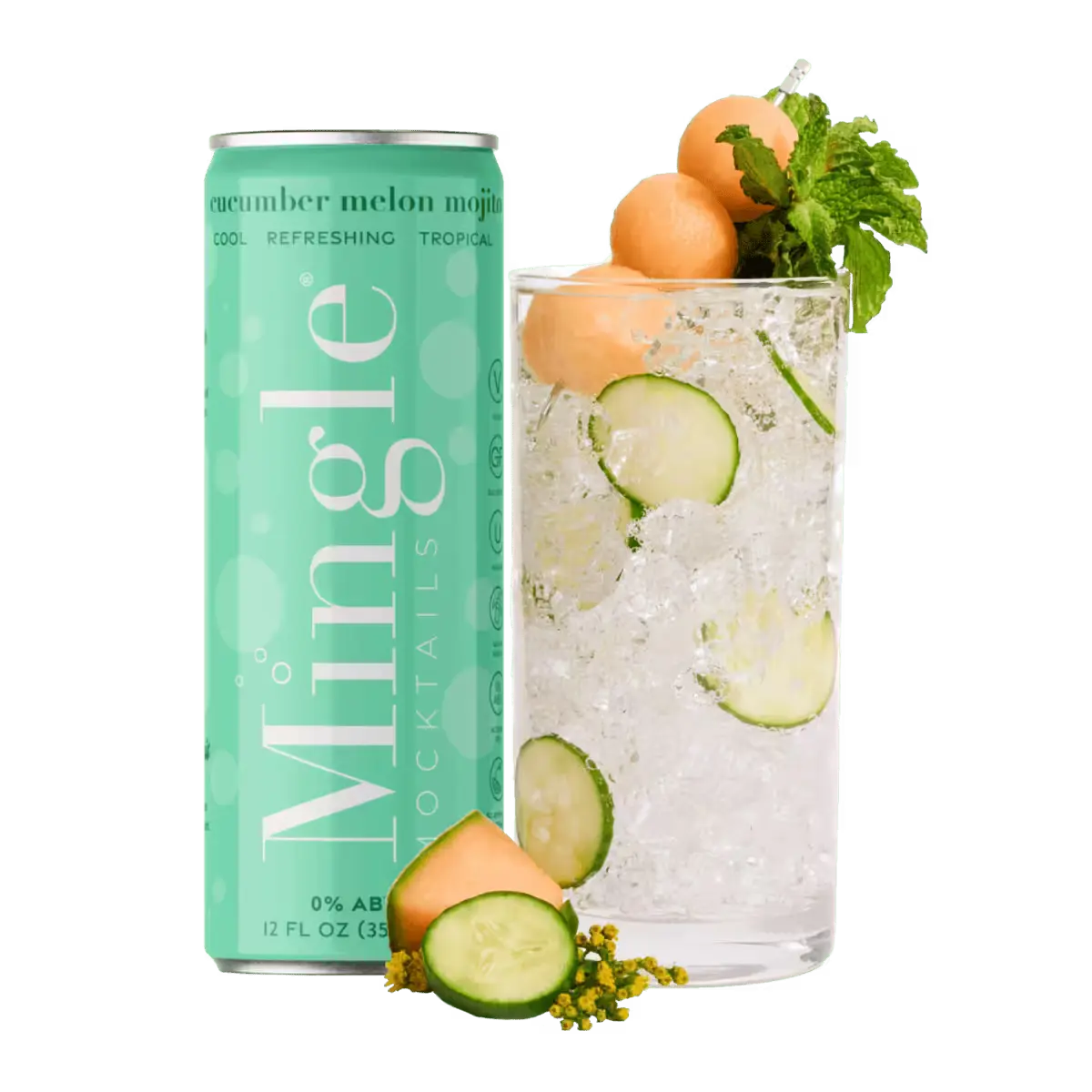 Cucumber Melon Mojito can by Mingle Mocktails next to a refreshing glass garnished with cucumber, melon balls, and mint