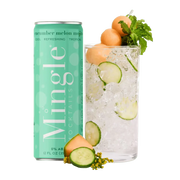 Cucumber Melon Mojito can by Mingle Mocktails next to a refreshing glass garnished with cucumber, melon balls, and mint