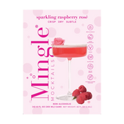 Front of Mingle Mocktails Sparkling Raspberry Rosé 4-pack carton, highlighting a crisp drink description and soft pink design.