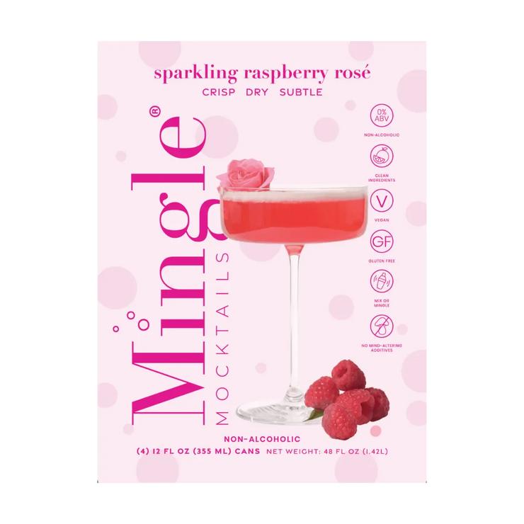 Front of Mingle Mocktails Sparkling Raspberry Rosé 4-pack carton, highlighting a crisp drink description and soft pink design.