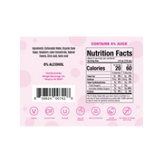 Sparkling Raspberry Rosé nutritional facts and ingredient list from Mingle Mocktails, emphasizing a low-calorie, non-alcoholic drink with 4% juice.