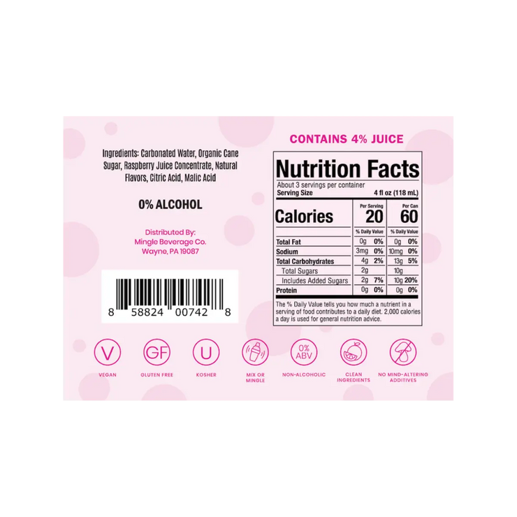 Sparkling Raspberry Rosé nutritional facts and ingredient list from Mingle Mocktails, emphasizing a low-calorie, non-alcoholic drink with 4% juice.