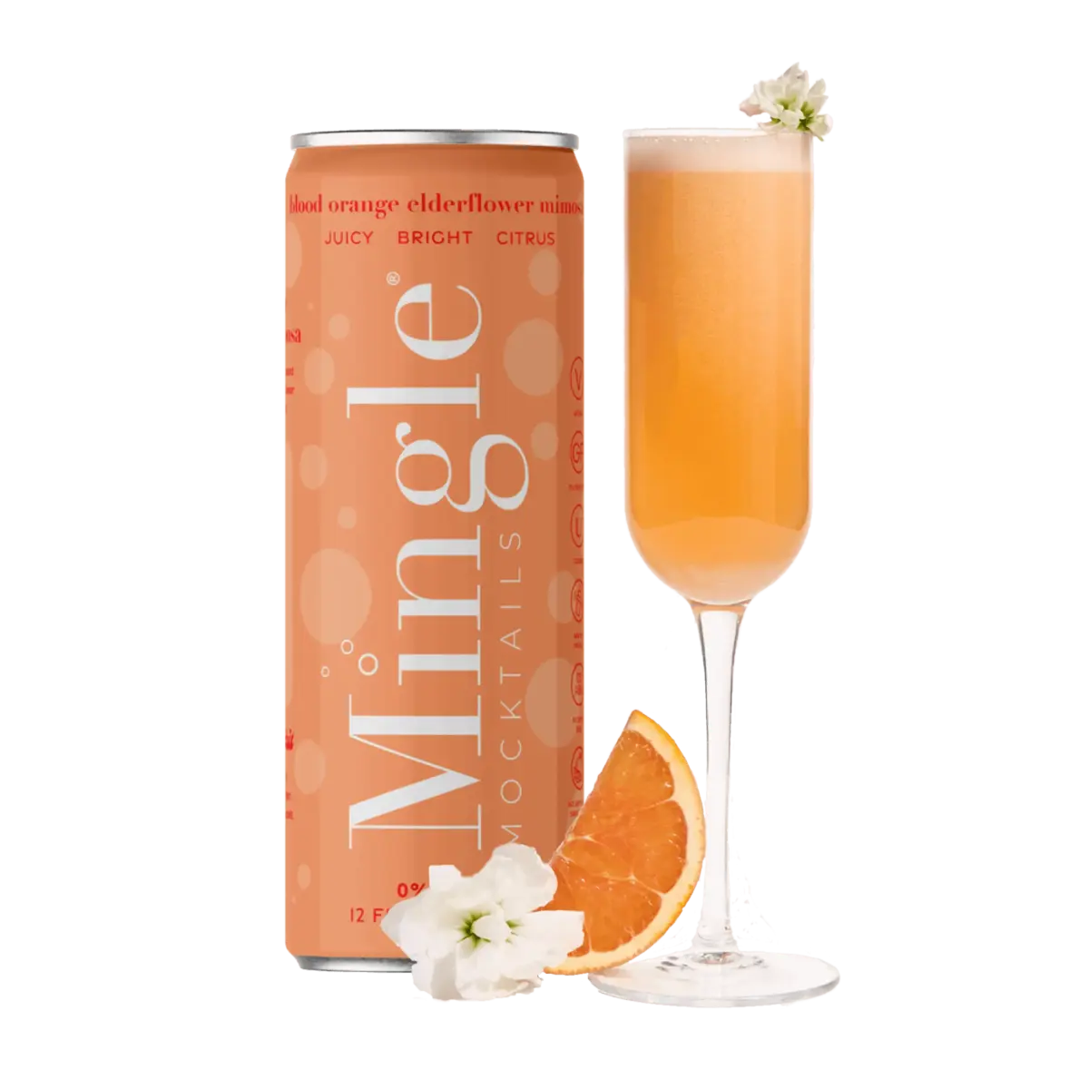Blood Orange Elderflower Mimosa can by Mingle Mocktails paired with a champagne flute garnished with a flower & orange slice