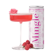 Sparkling Raspberry Rosé can by Mingle Mocktails next to a pink cocktail glass garnished with raspberries and a rose
