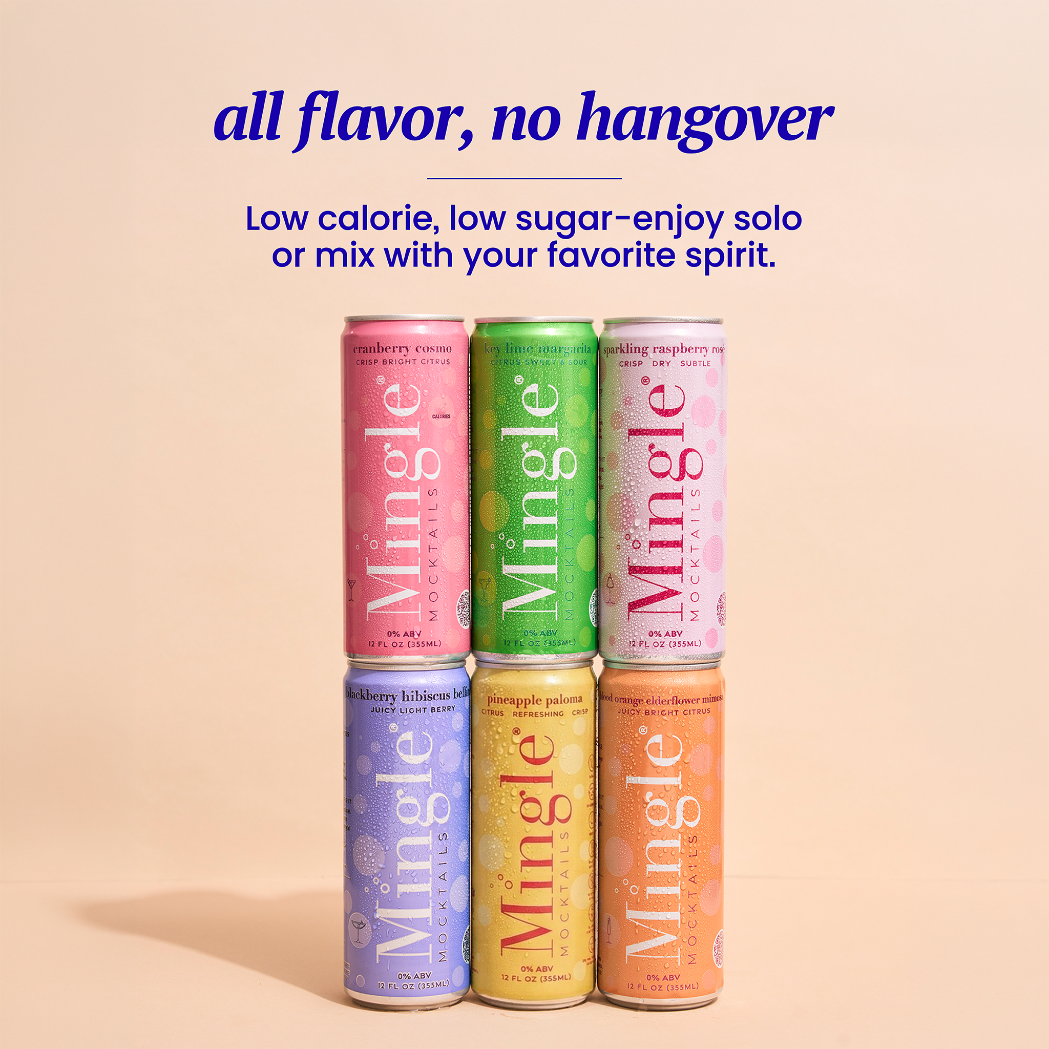 Six Mingle Mocktails cans arranged in two rows showcasing all six non-alcoholic flavors from Cranberry Cosmo to Blood Orange Mimosa.