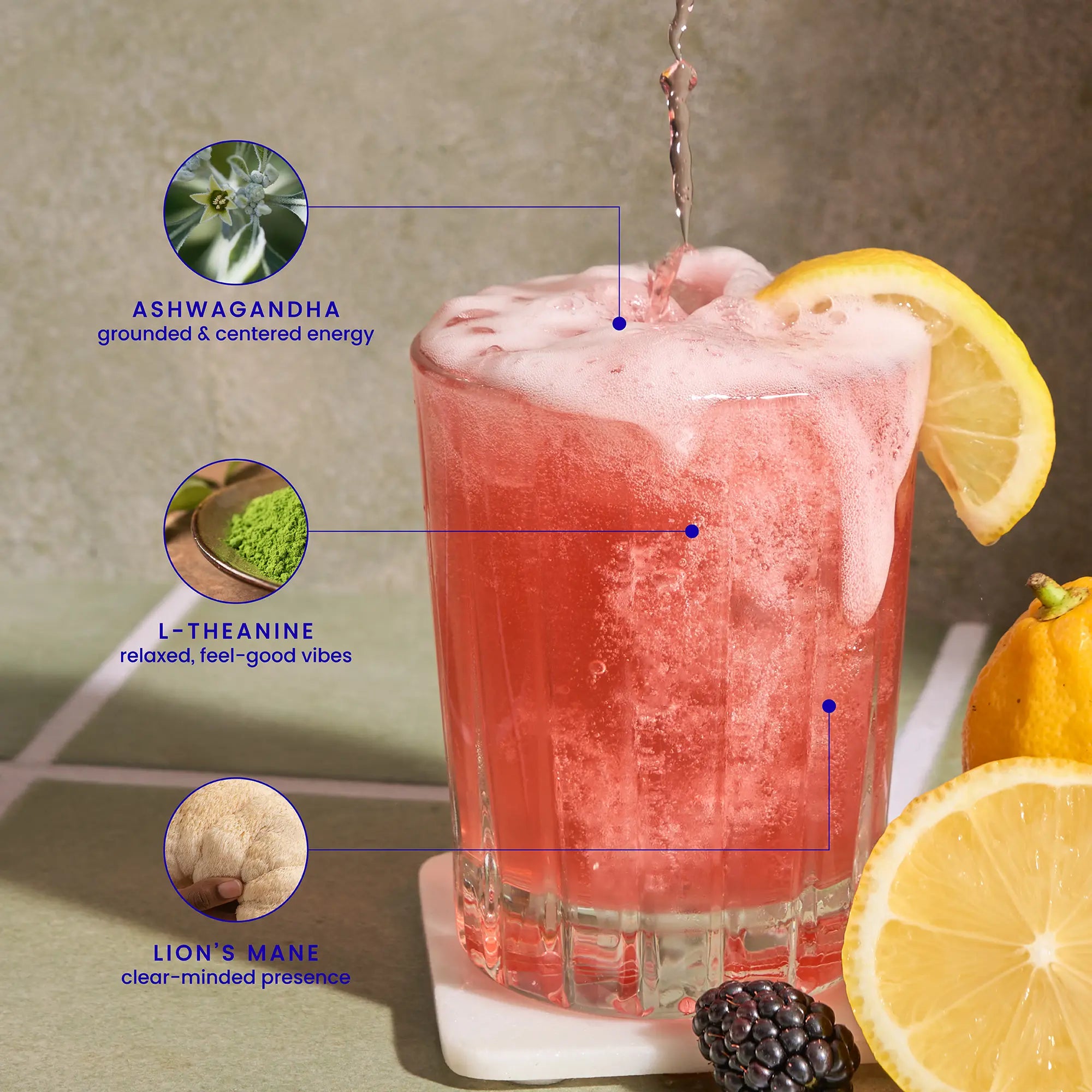 Berry Lemon Bliss mocktail with ashwagandha, L-theanine, and lion's mane adaptogen callouts.