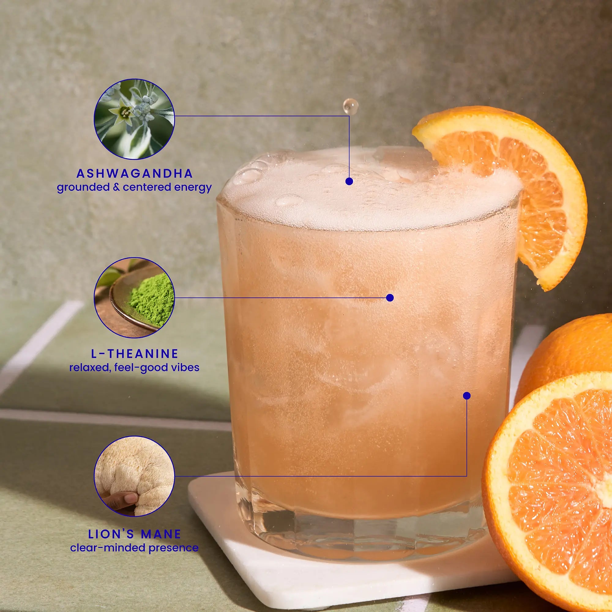 Citrus spritz mocktail with orange slice, labeled ashwagandha, L-theanine, and lion's mane adaptogens.
