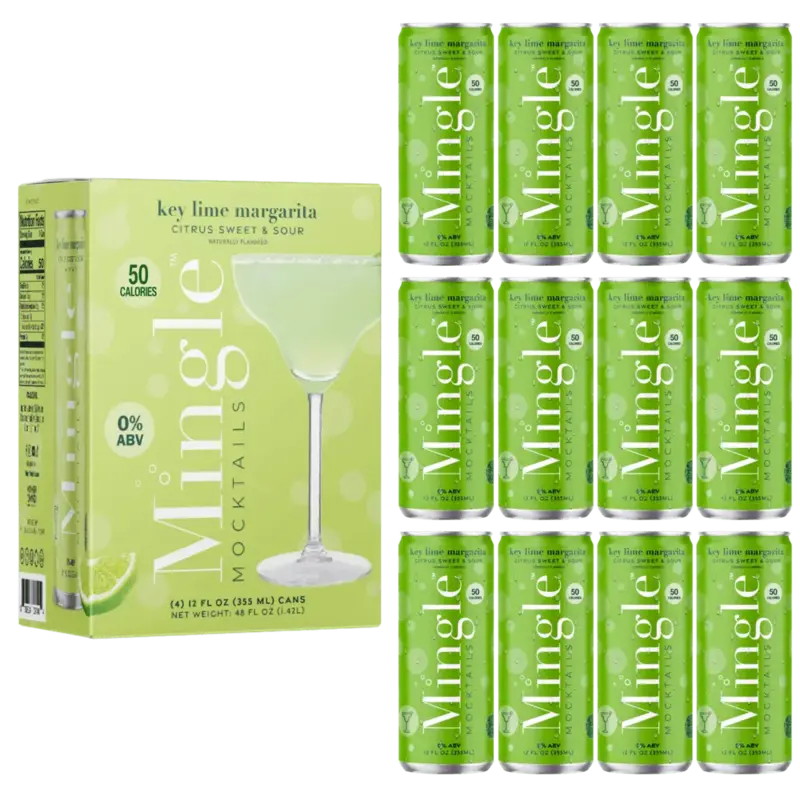 margarita mocktail with lime in a 12-pack featuring bright green cans & packaging labeled 0% ABV & 50 calories