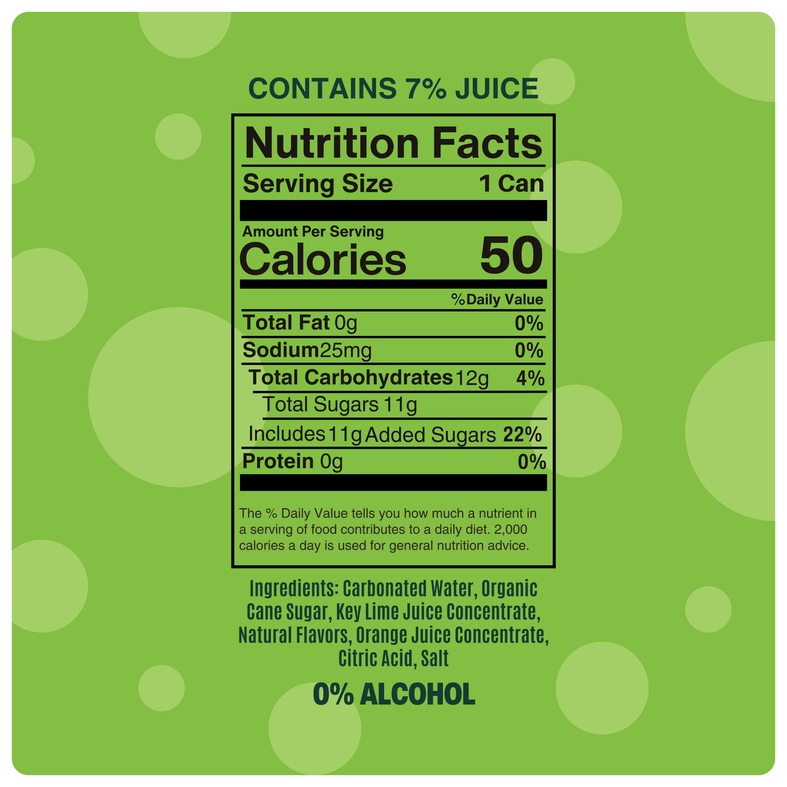 virgin lime margarita nutrition facts showing 50 calories, 7% juice, and 0% alcohol on a green background