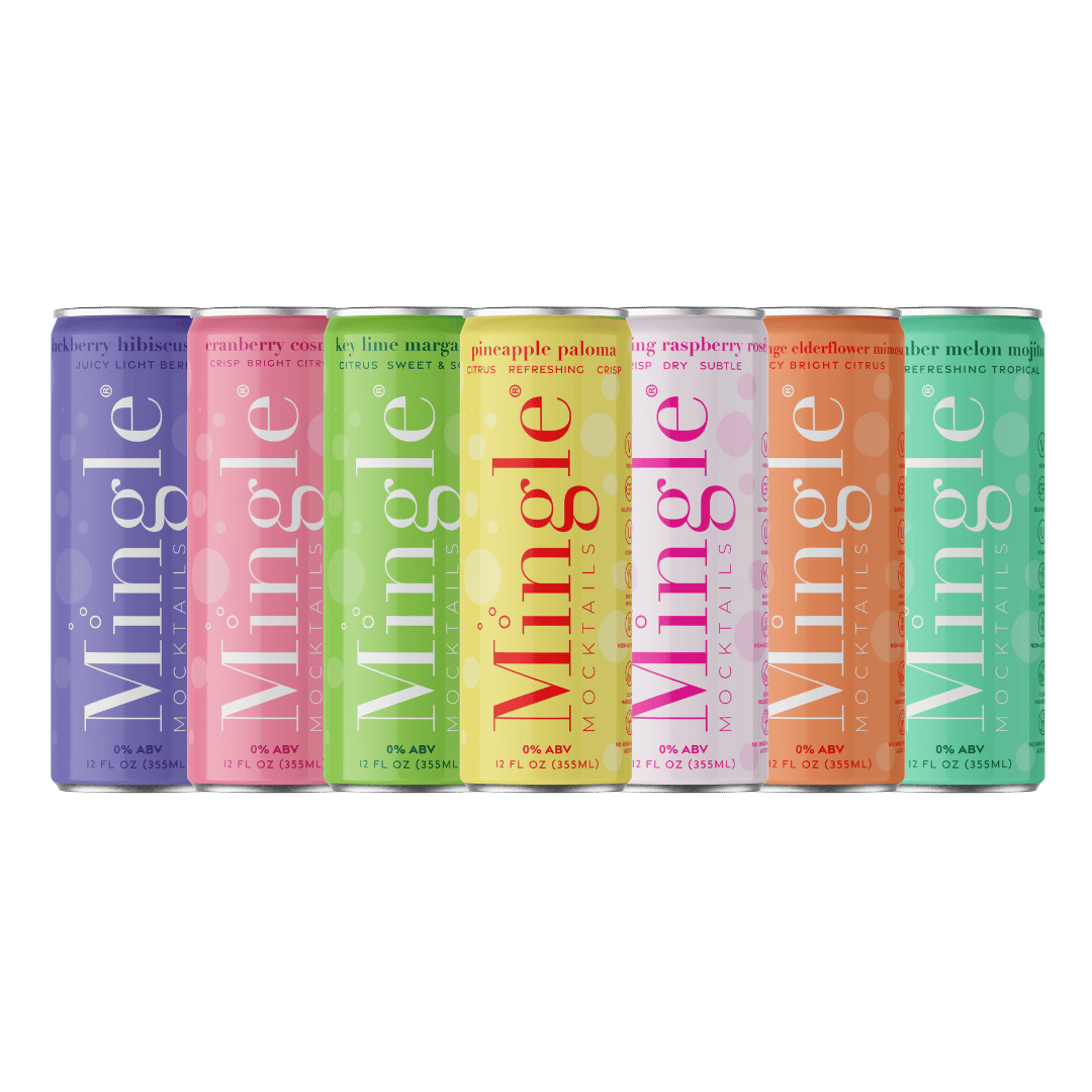 Canned mocktails by Mingle featuring a colorful 6-flavor lineup: blackberry hibiscus, cranberry cosmo, key lime margarita, pineapple paloma, sparkling raspberry rosé, and cucumber melon mojito—all alcohol-free and made with natural flavors.
