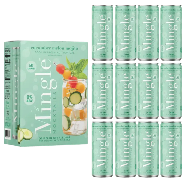 non alcoholic mojito cocktail pack with cucumber melon flavor, featuring a box and twelve cans labeled 0% ABV and 50 calories