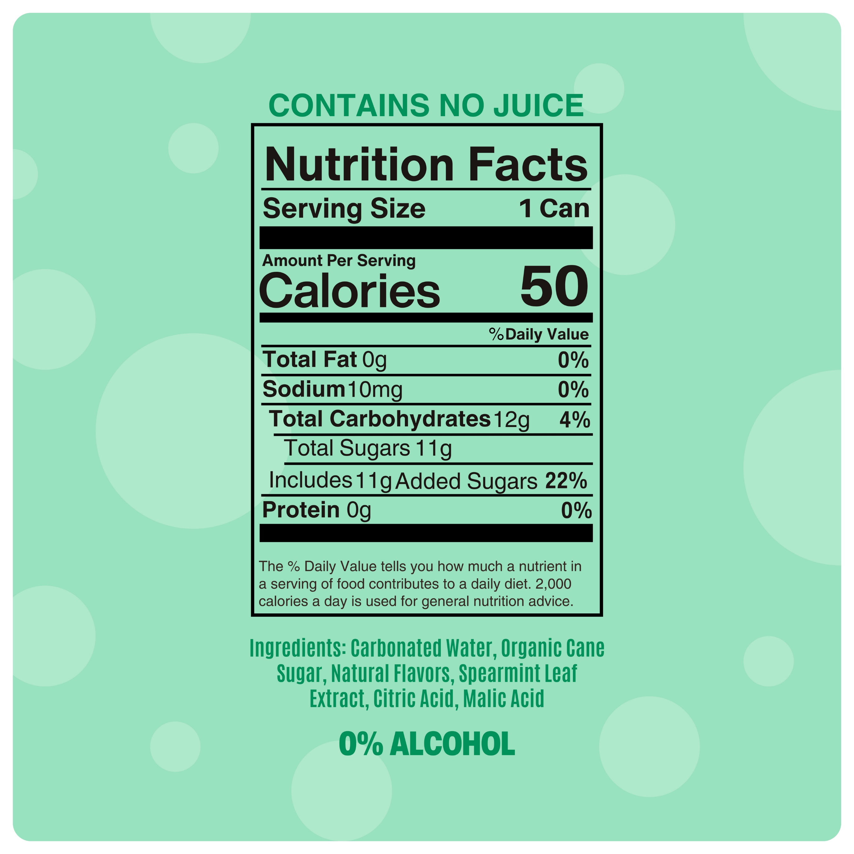 virgin cucumber mojito nutrition facts showing 50 calories, 0% alcohol, and no juice on a green background